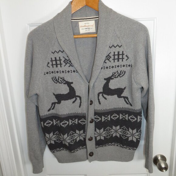 Weatherproof Vintage Gray Mens M Cotton Reindeer Christmas Cardigan Shawl Neck - Picture 1 of 4
